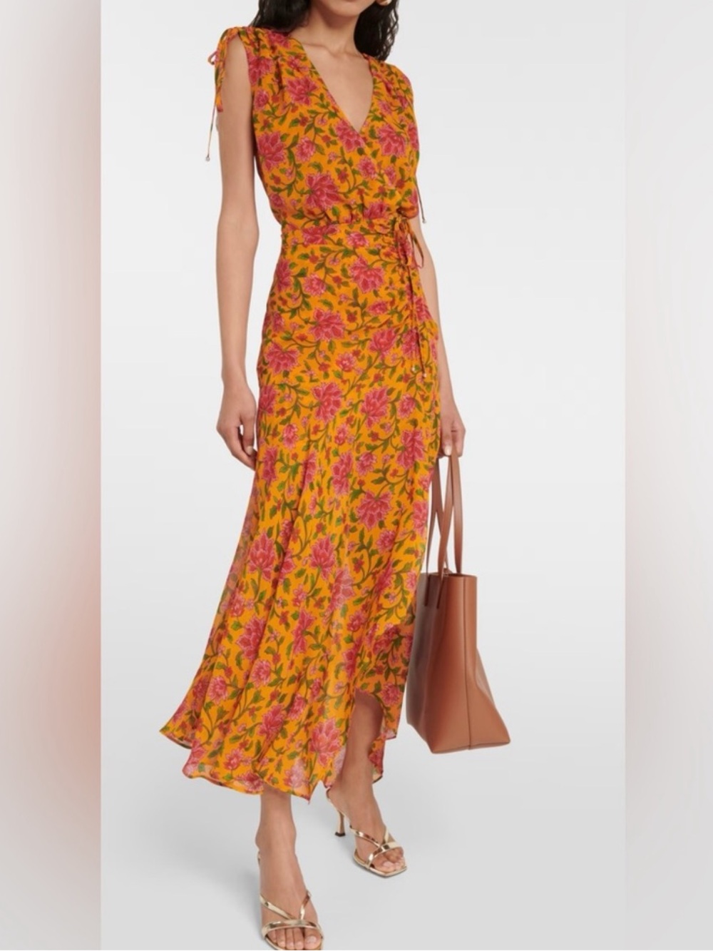 Veronica Beard Yellow and Pink Floral Midi Wrap Dress